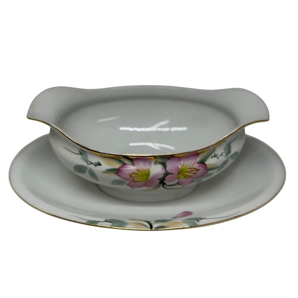 VTG Noritake Azalea Gravy Sauce Boat Attached Underplate Hand Painted Japan READ